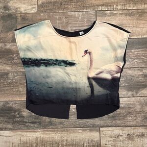 Divided Cream and Black Swan Print Crop Blouse